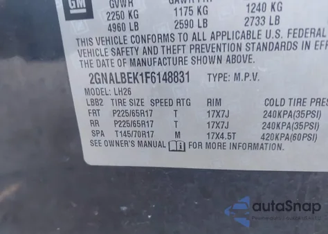 2015 Chevrolet Equinox 1Lt из США, поврежденный, VIN 2GNALBEK1F6148831